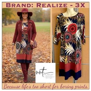 Realize 3X Boho Floral Print Dress Multicolor Fall Tunic 3/4 Sleeve Stretch